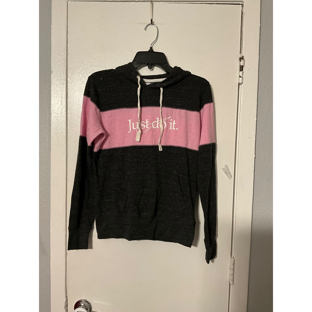 Nike Just Do It Hoodie Womens M Charcoal Pink Colorblock Pullover Sweatshirt